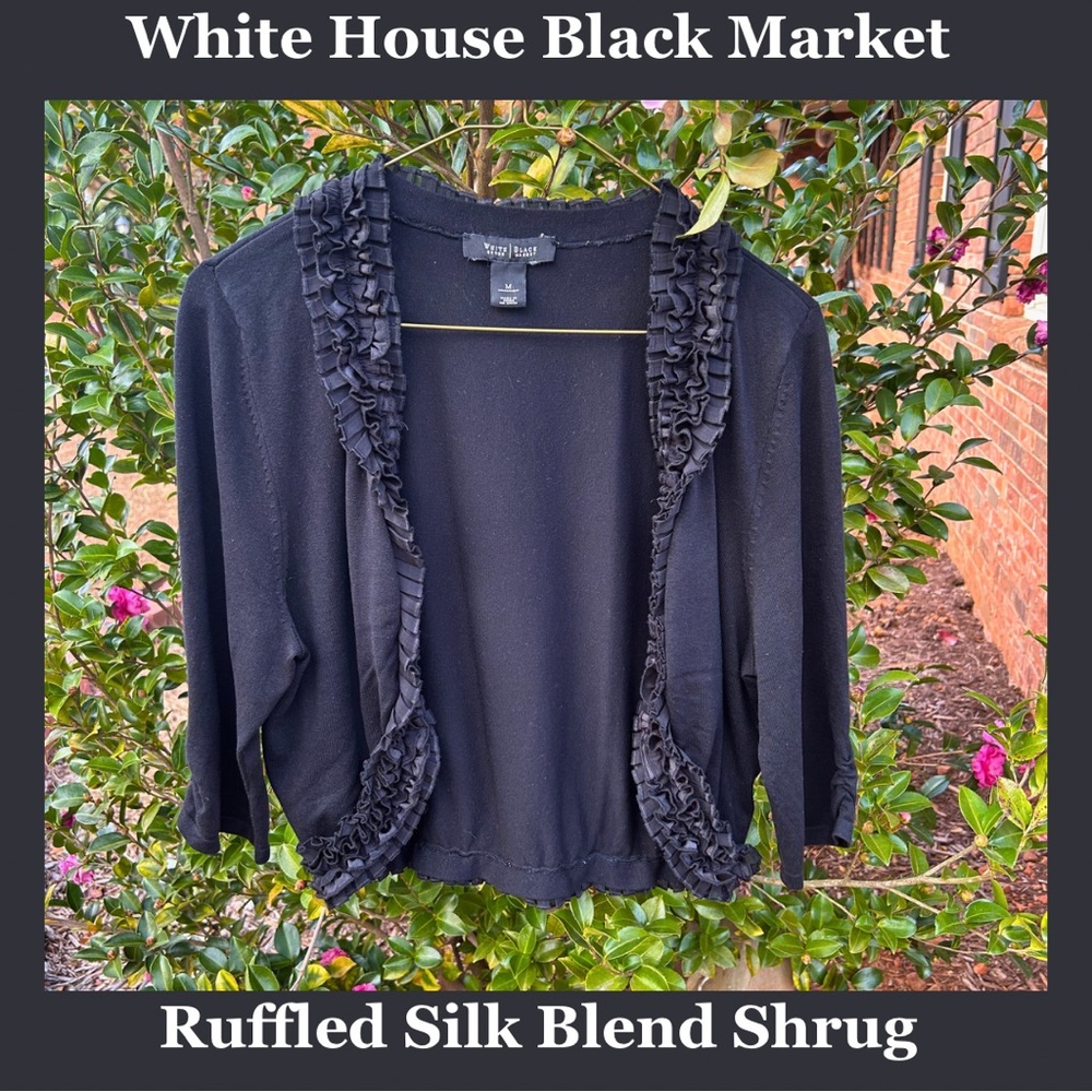 WHBM EUC Silk Blend Dressy Black Ruffled Shrug Sweater Size M 3/4 Sleeves